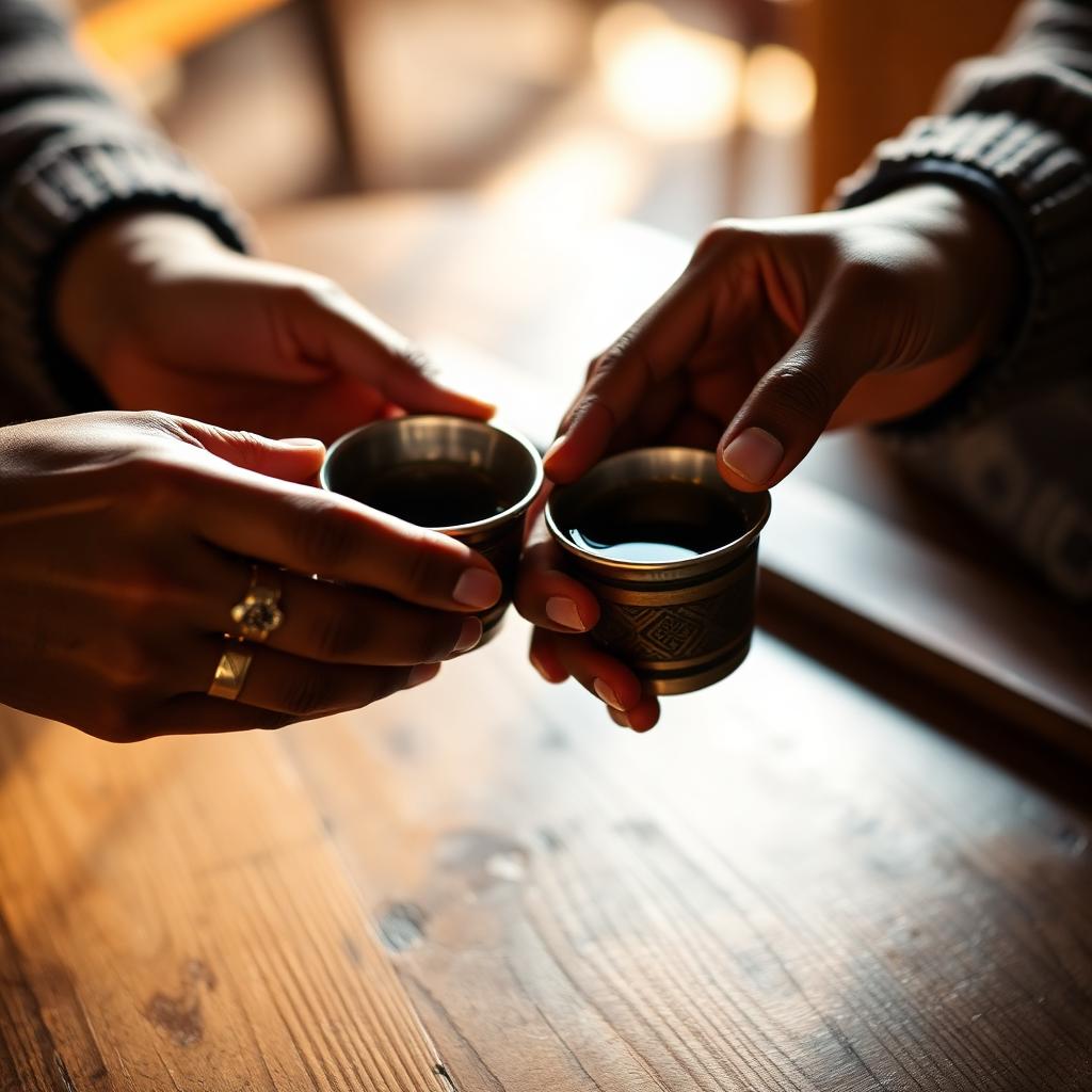 Two travelers sharing buna in traditional jebena cups
